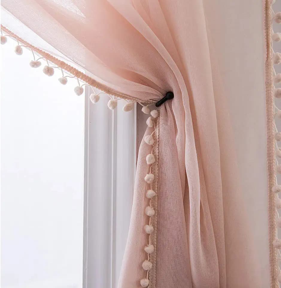 MISS SELECTEX Linen Look Pom Pom Sheer Curtains - Rod Pocket Voile Semi-Sheer Curtains for Girl Bedroom Living Room,Nursery Kids Set of 2 Curtain Panels (52 x 108 inch, Blush)