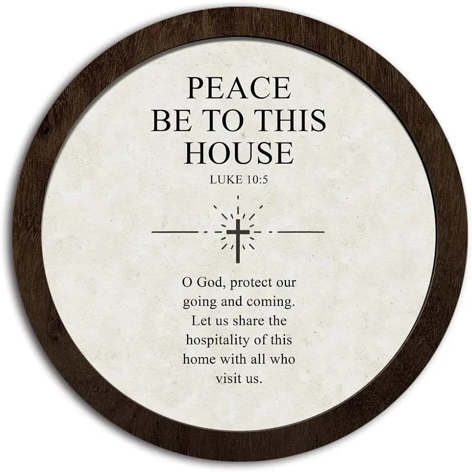 CFFJLHN Christian Bible Verse Wall Art Decor, Peace Be to This House Religious Scripture Round Hanging Wall Decor for Home Bedroom Living Room Church Prayer Room, 10x10 Inch