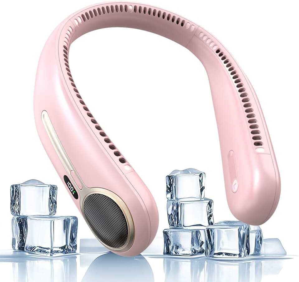 Portable Neck Fan, Personal Wearable Bladeless Fan, 6000mAh USB Rechargeable, 360° Airflow, LED Display, 4-Speeds, Hands Free Fan for Outdoor Indoor, Birthday Gifts for Men Women Dad Mom (Pink)