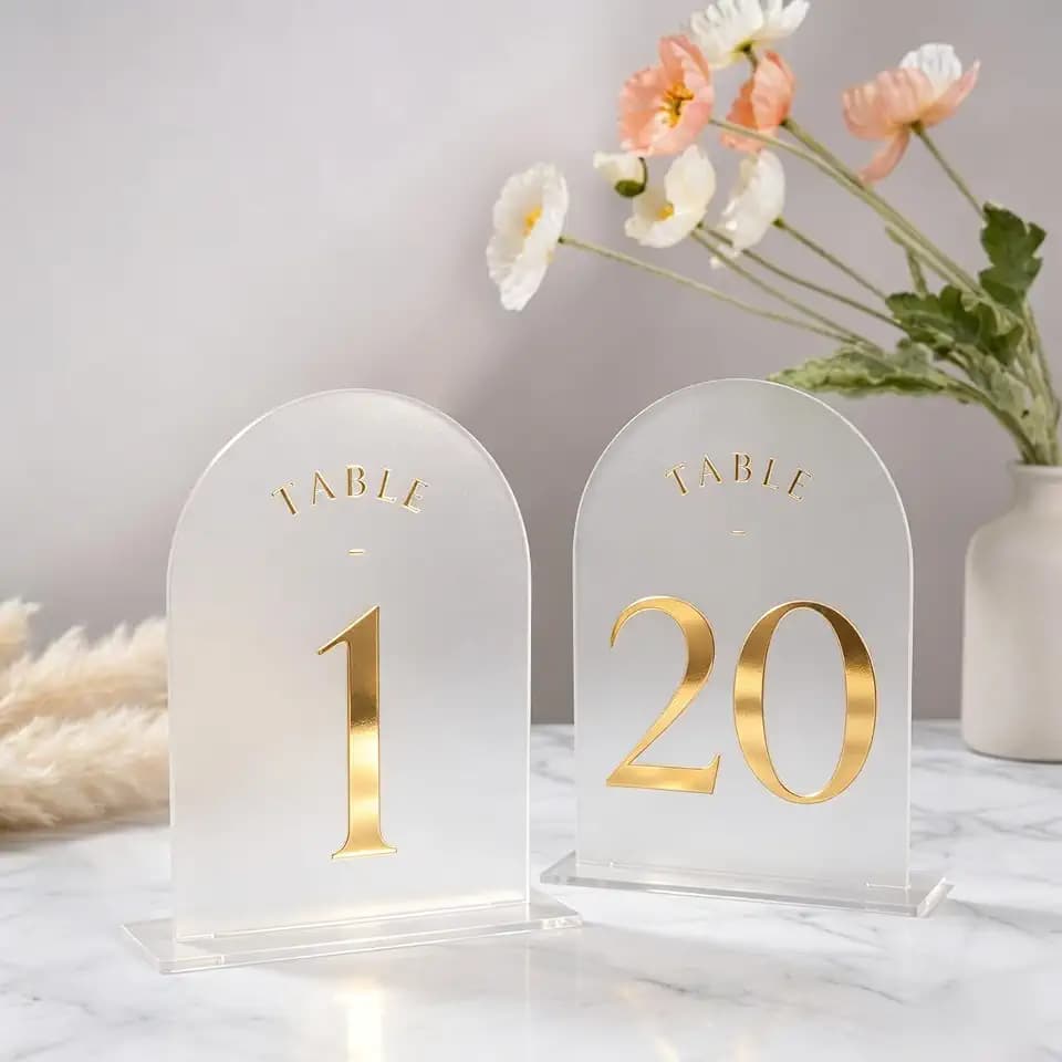 UNIQOOO Frosted Arch Wedding Table Numbers 1-20, Gold Foil Printed 5x7 Acrylic Display Signs and Holders, Pack of 20, Perfect for Centerpiece, Reception, Decoration, Party, Anniversary, Event