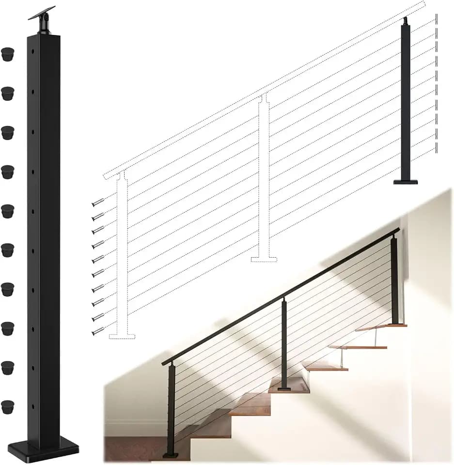 Muzata 36in Black Modular Cable Railing Stair Post Surface Mount RW41