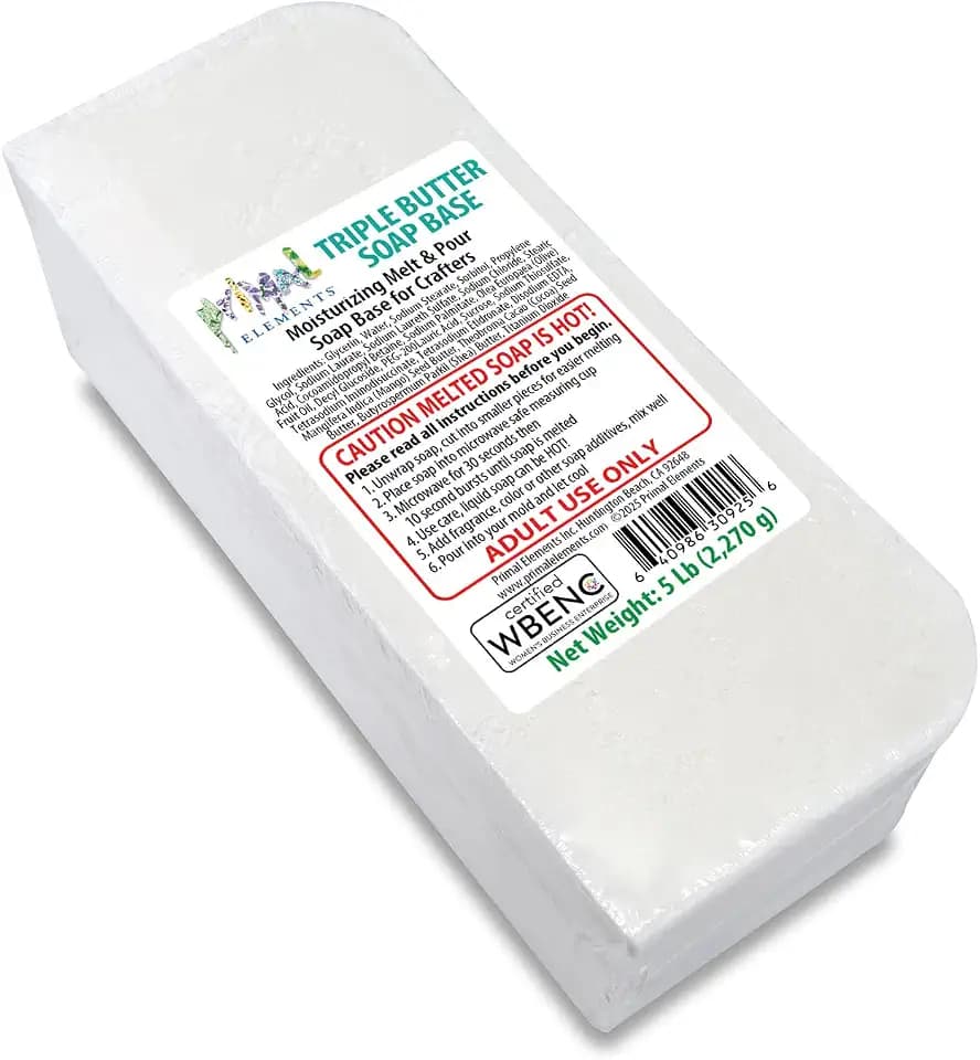 Primal Elements Triple Butter Soap Base (Mango, Shea, and Cocoa Butter) - Moisturizing Melt and Pour Glycerin Soap Base for Crafting and Soap Making, Easy to Cut - 5 Pound