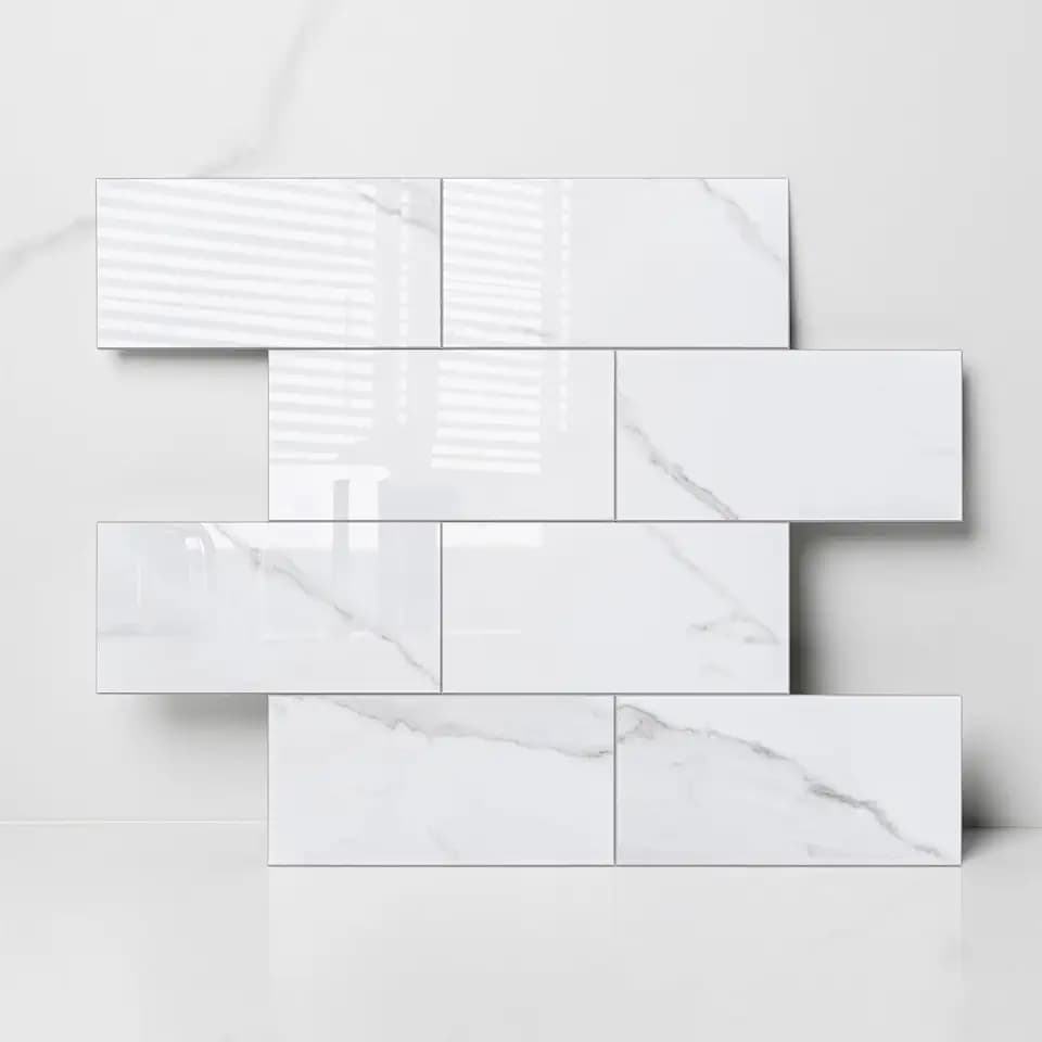 Colamo Luxury 10-Sheet Peel and Stick Backsplash,Self Adhesive Faux Stone 12”x12” White Subway Tile for Kitchen,Glossy Waterproof Carrara Brick Marble Look,Stick on Accent Wall for Bathroom,Bedroom