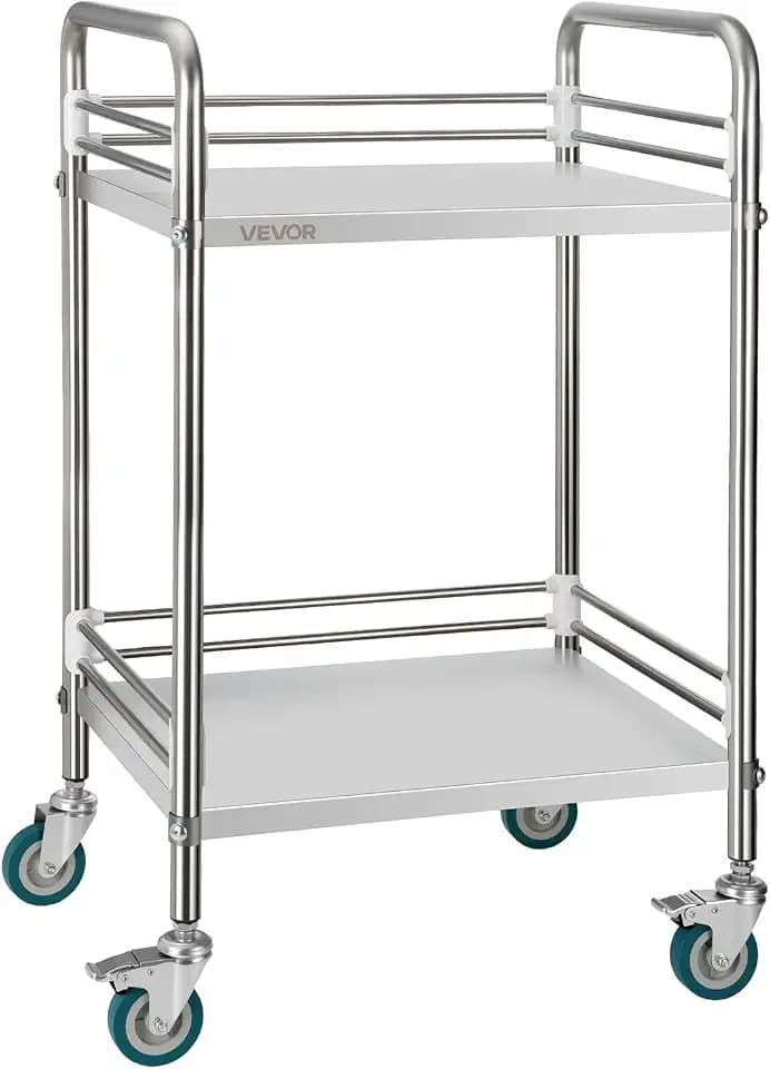 VEVOR Stainless Steel Rolling Cart, 2-Tier Metal Utility Cart with Lockable Wheels, Medical Serving Trolley Clinic Tray, Mobile Service Cart for Hospital, Lab, Restaurant, Kitchen, Salon