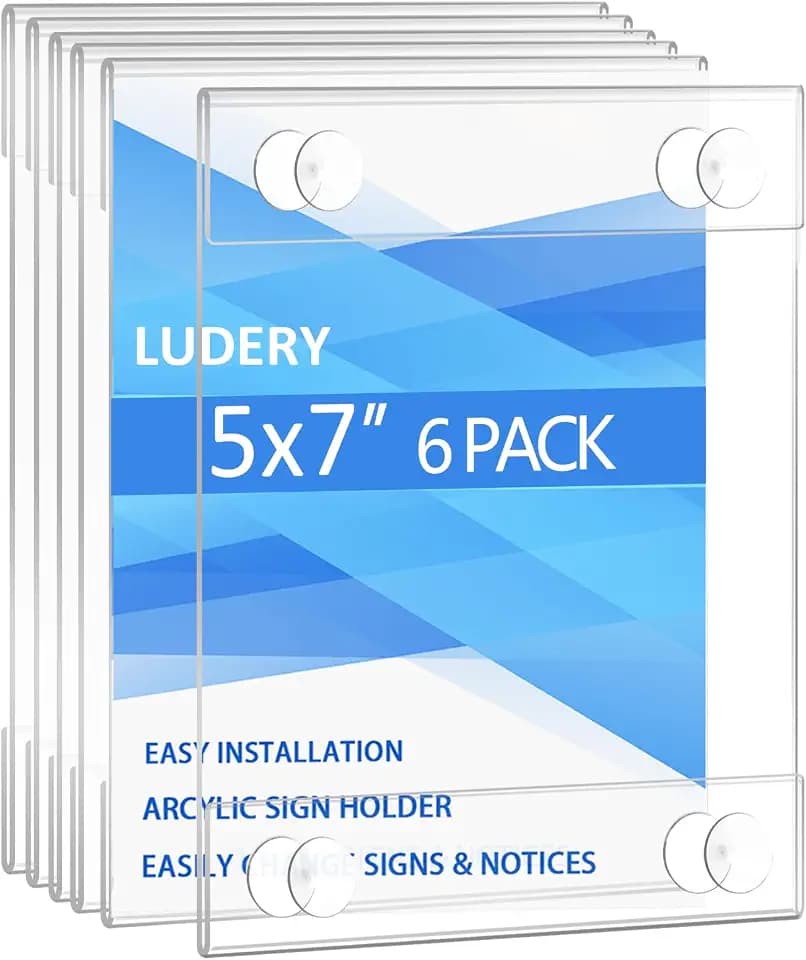 Acrylic Window Sign Holder 5x7 with 4 Suction Cups ,Clear Acrylic Frames Glass Window Wall Mount,Advertising Signage Sign Holder for Mall, Office, Home, Store, Restaurant (6 Pack)