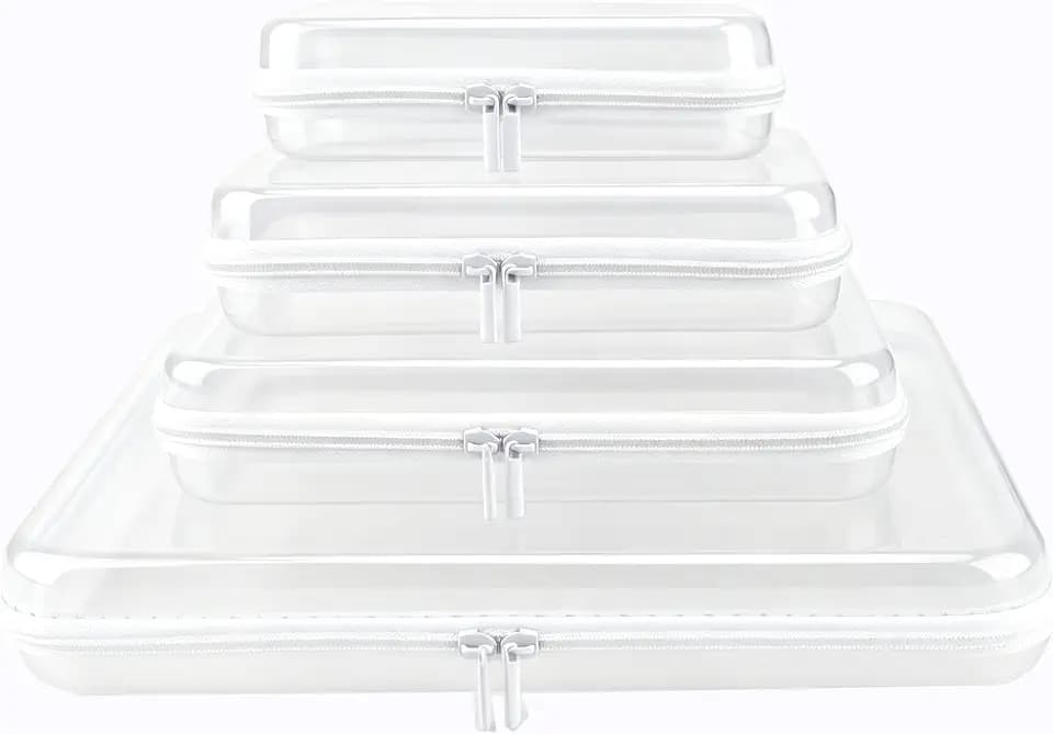 YOPCDJ Clear Hard Shell Zipper Case, Clear Zipper Pouches Waterproof Makeup Organizer & Travel Toiletry Storage Bag, Plastic Pouch for Office, Home, White, 4Pack XL+L+M+S