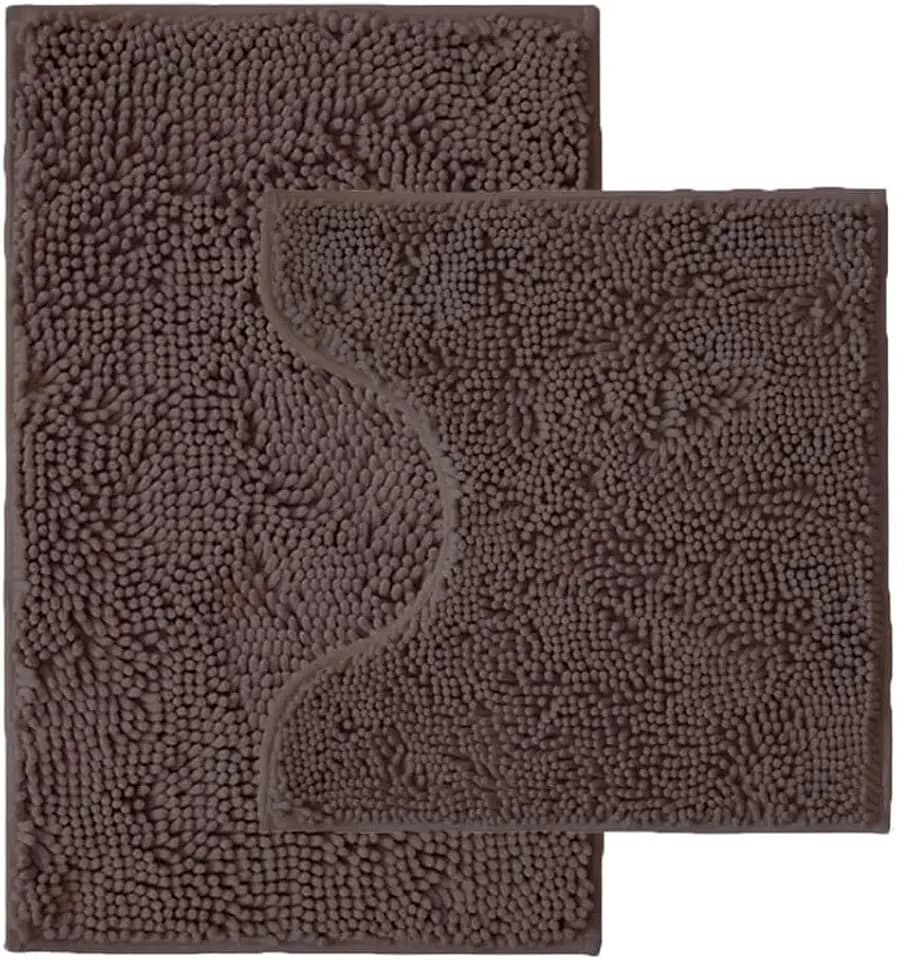 Bathroom Rugs Sets 2 Piece,Super Absorbent Chenille Bath Mats and U-Shaped Toilet Rug,Strong PVC Non Slip Backing,Microfiber Washable Dry Quickly Bath Mats for Bathroom(20"x32"+20"x20"U, Coffee)