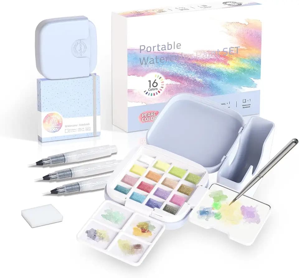 Mini Watercolor Paint Set, Compact Travel Art Kit with 16 Colors