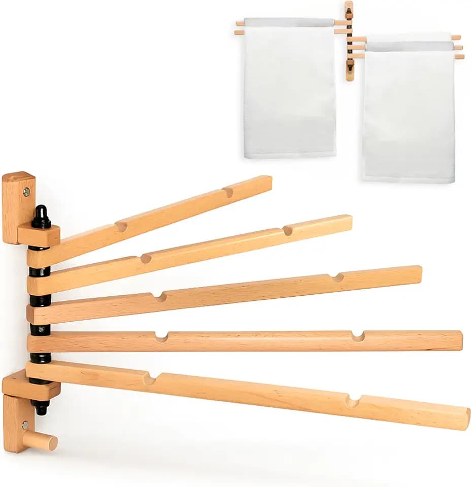 TERRA HOME Swivel Towel Rack - Clothes Drying Rack Wall Mounted - Crafted with Rustic Hard Wood - 5 Durable Rods, Stylish and Home Docor Design for Bathroom, Laundry Room