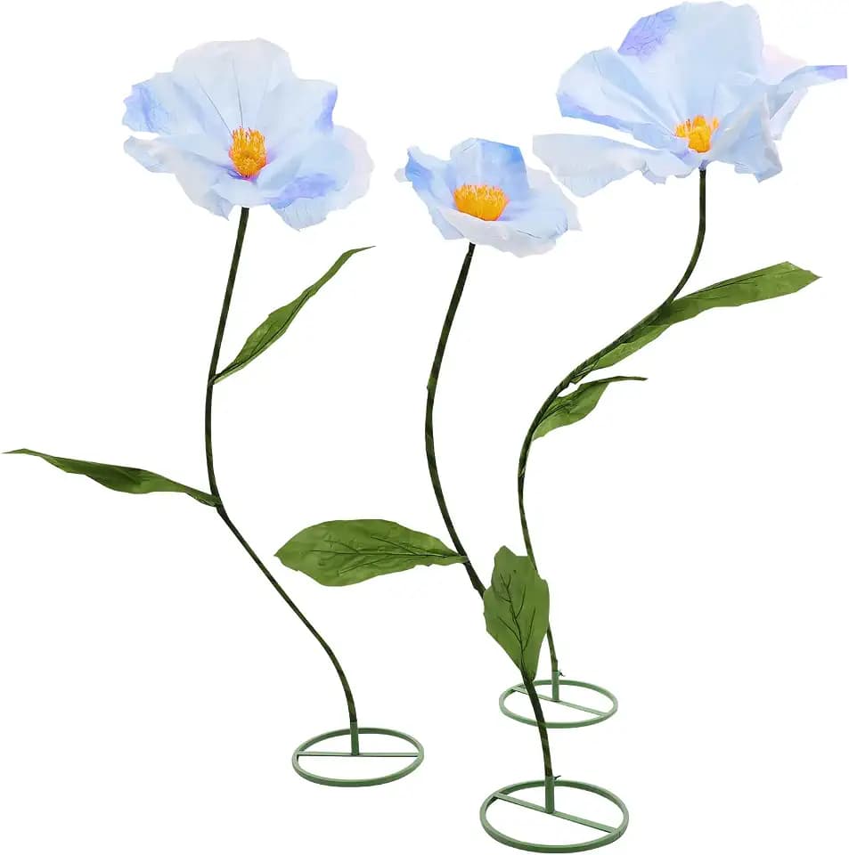 3pcs Giant Artificial Flower Poppy Free Standing 4.6ft / 5.2ft /5.9 ft, Adjustable for Wedding Decoration Reception, Background Backdrop, Photo Props, Shop Window (Blue)