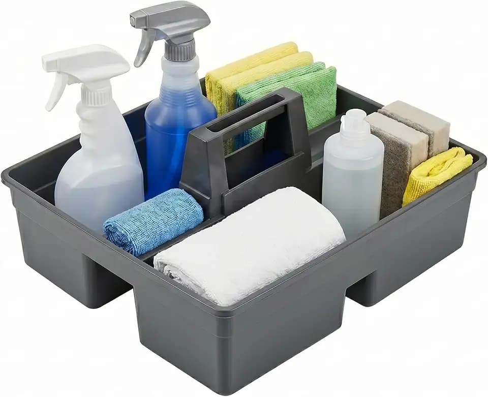 Restaurantware-RW Clean 15.2 x 13.2 x 6.7 Inch Cleaning Caddy, 1 Triple Compartment Cleaning Supply Caddy - With Handle, Crack-Resistant, Black Plastic Cleaning Basket, For Cleaning Supplies,
