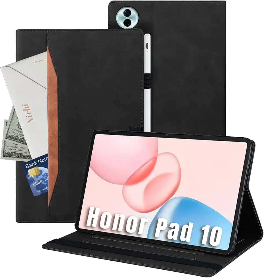 Hülle für Honor Pad 10 12.1 Zoll Tablet 2025 PU Leder Schutzhülle für Honor Pad 10 12.1 Zoll Standfunktion und Kartensteckplatz/Magnetische Cover Case mit Stifthalter Schwarz