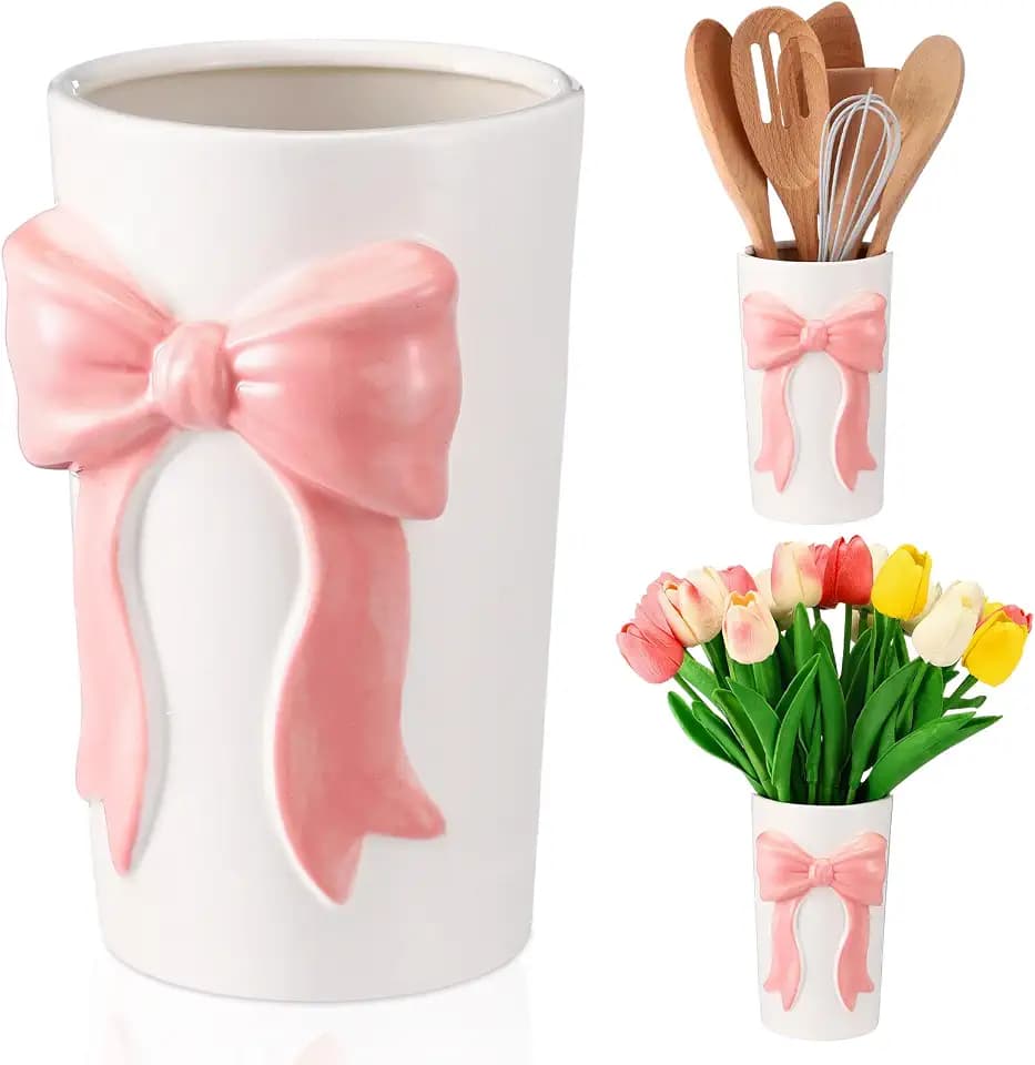 LemonRoad Pink Bow Ceramic Utensil Holder 3D Coquette Kitchen Decor