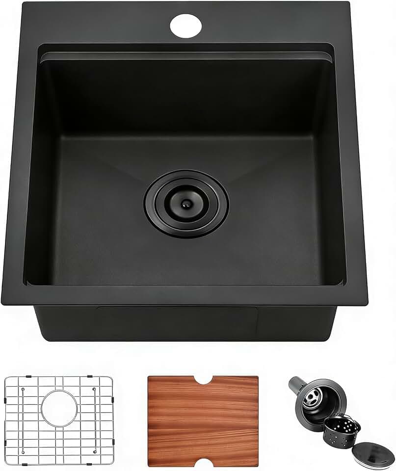 IKEBANA 18x18 Inch Black Bar Sink drop in, 9 Inch Deep 16 Gauge Stainless Steel Topmount Black Small Kitchen Sink, Single Bowl Wet Bar Outdoor RV Prep Sinks With Dish Grid & Drain