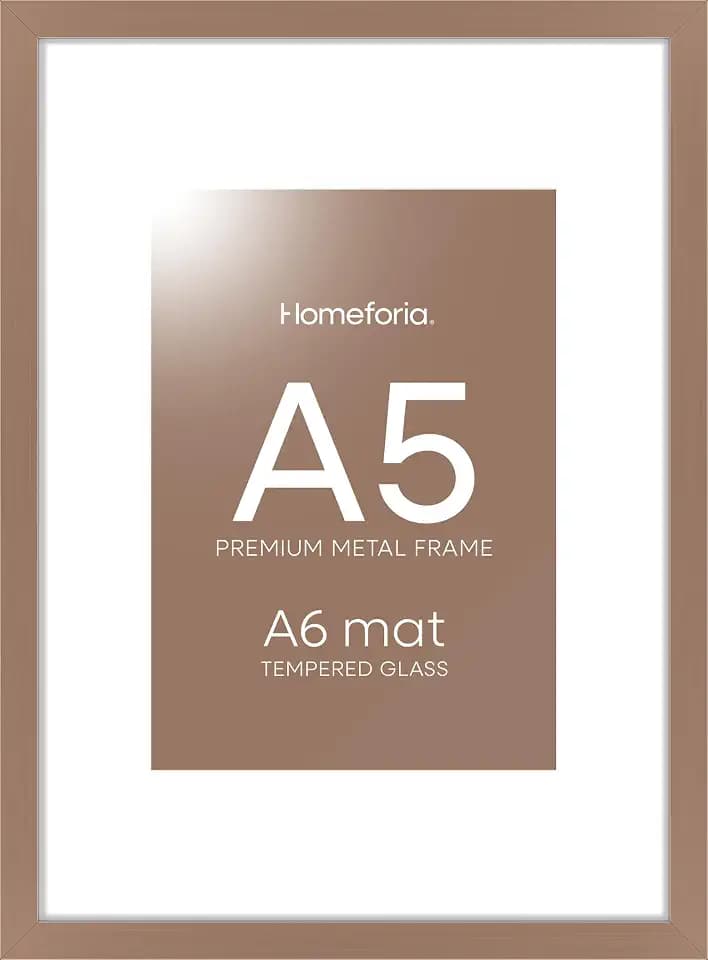 Homeforia A5 Mocha Picture Frame, High-End Metal, A6 Mat, Glass