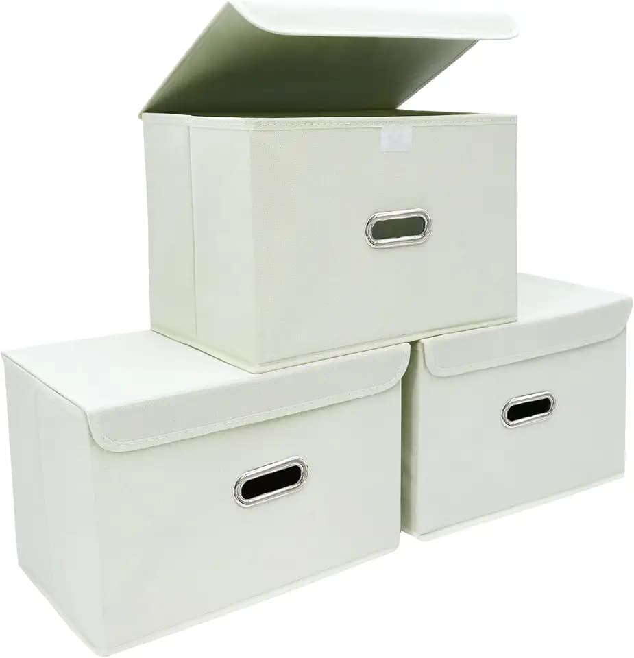 STOREONE Fabric Storage Cube Bins Foldable Organizer Container Collapsible Basket with Lids and Metal Handles, for Home, Bedroom, Closet 3 Pcs (Creamy-White)