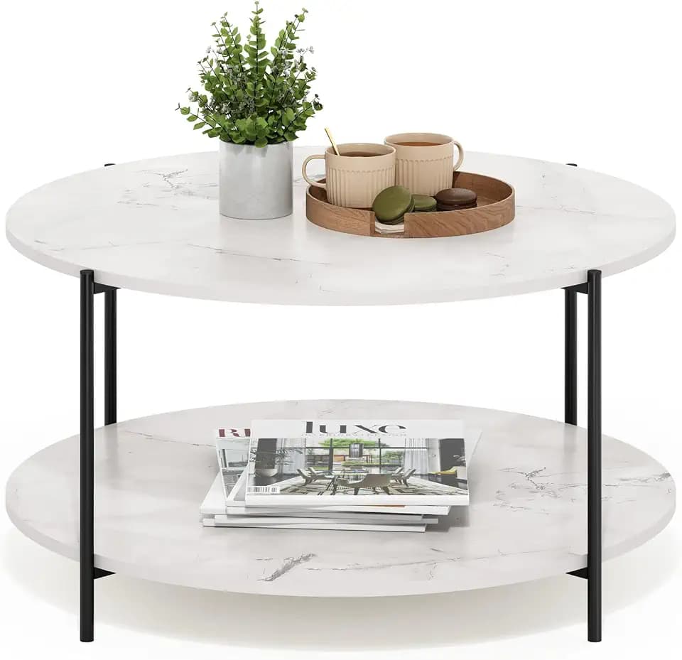 Furinno BESI 2-Tier Round Modern Coffee Table with Metal Legs, Marble White