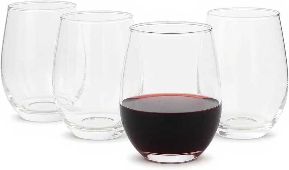 Amazon Basics Stemless Red Wine Glasses Set Of 4, 18 Oz Clear Glass, Classic Design for Everyday Dining, Weddings & Parties, Dishwasher-Safe
