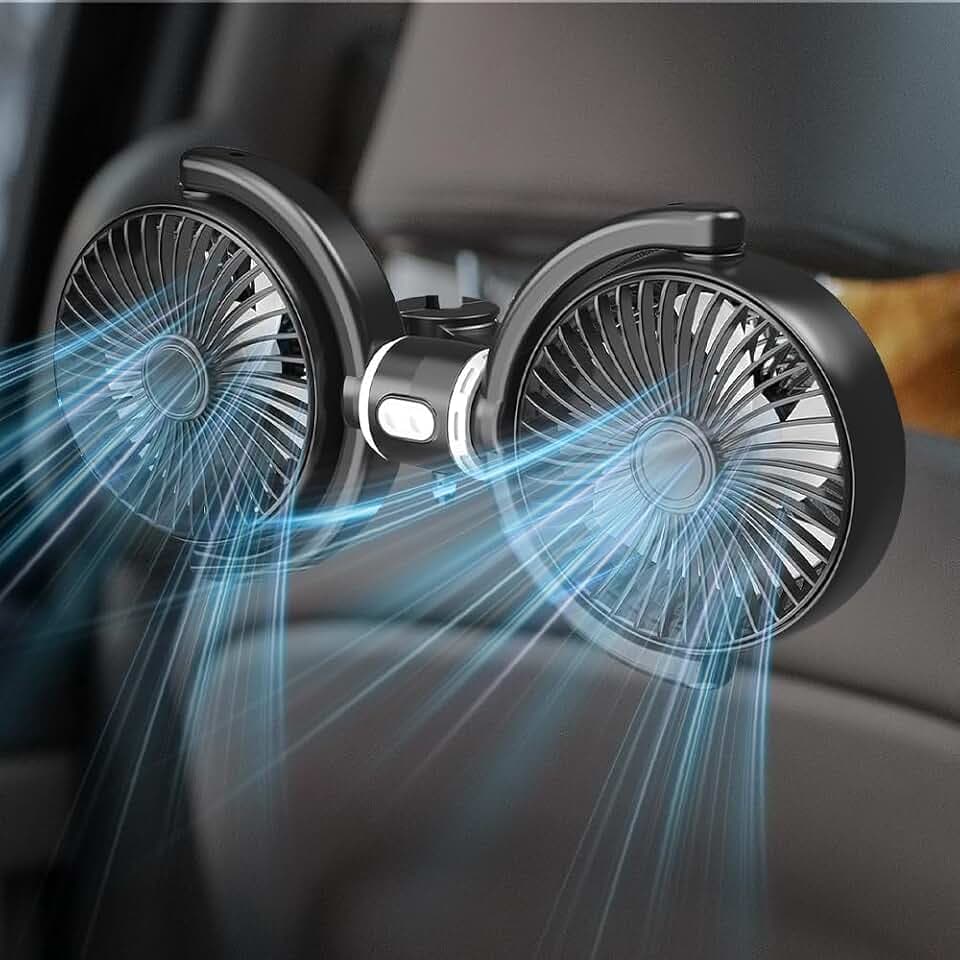 Auto Ventilator Rücksitz 12V, Doppelkopf Kopfstütze Autolüfter, 3 Geschwindigkeiten Separate Steuerung 360° Drehung, Auto Ventilator USB für LKW Van SUV RV, Leise