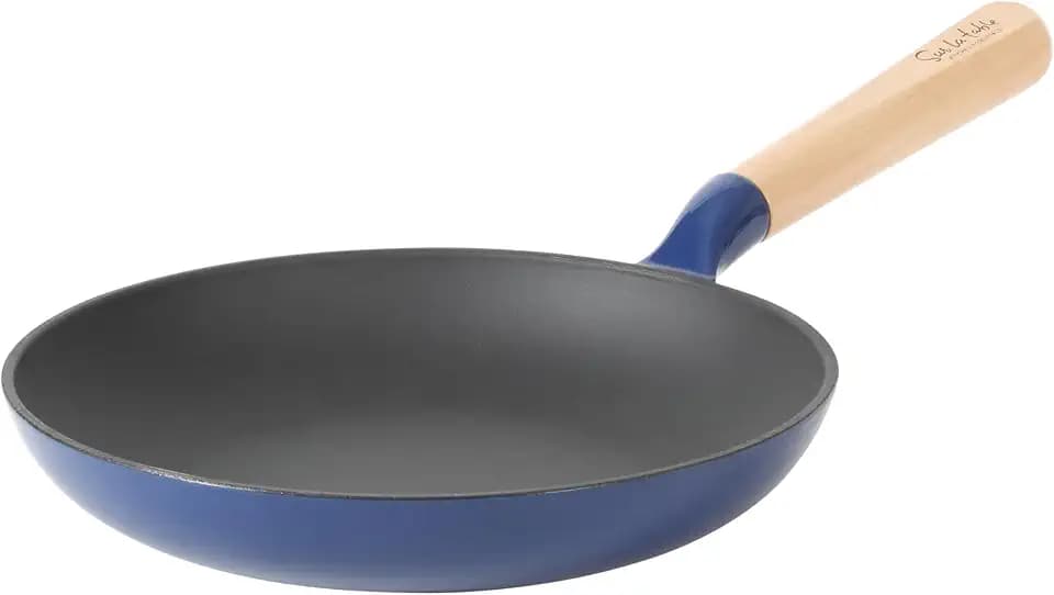 Sur La Table Kitchen Essential Main Canteen 9.5" Pre-Seasoned Cast Iron Skillet w/Wood Handle, Natural Nonstick Lightweight Frying Pan for Searing, Sautéing & Everyday Cooking - Blue