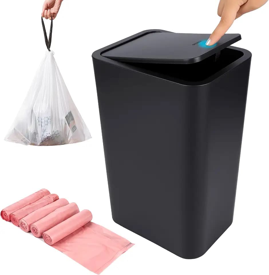 4 Gallon (15L) Slim Dog-Proof Trash Can with Press Pop-Up Lid - Odor-Blocking Small Garbage Can Includes 75 Trash Bags, Space-Saving Design for Bedroom, Kitchen, Bathroom & Office