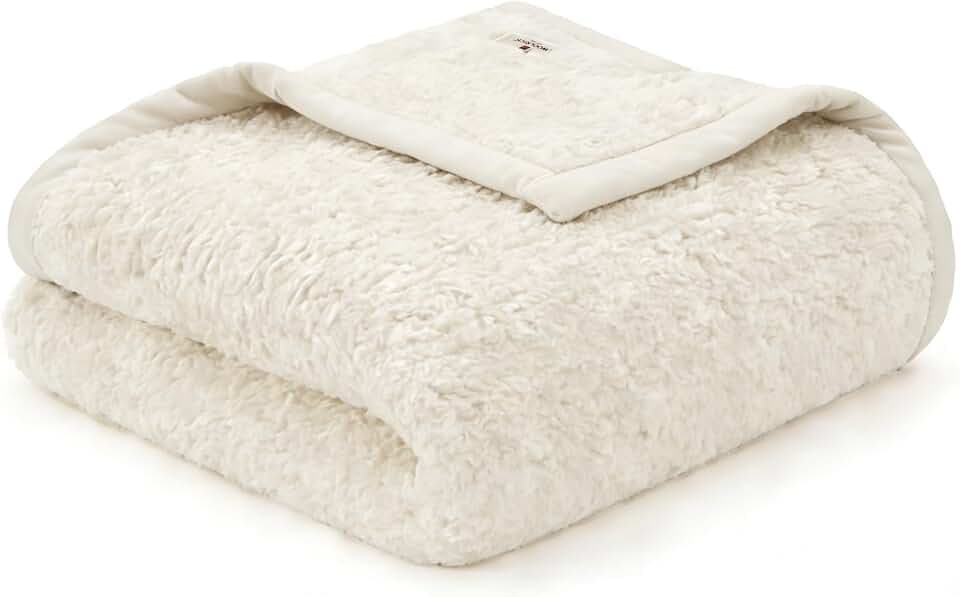 Woolrich Burlington Berber Blanket Super Soft, Cozy Lightweight Cover with Luxurious Velvet Binding, Modern Trendy All Season Bedspread Bedding-Set, Full/Queen: 90x90, Ivory