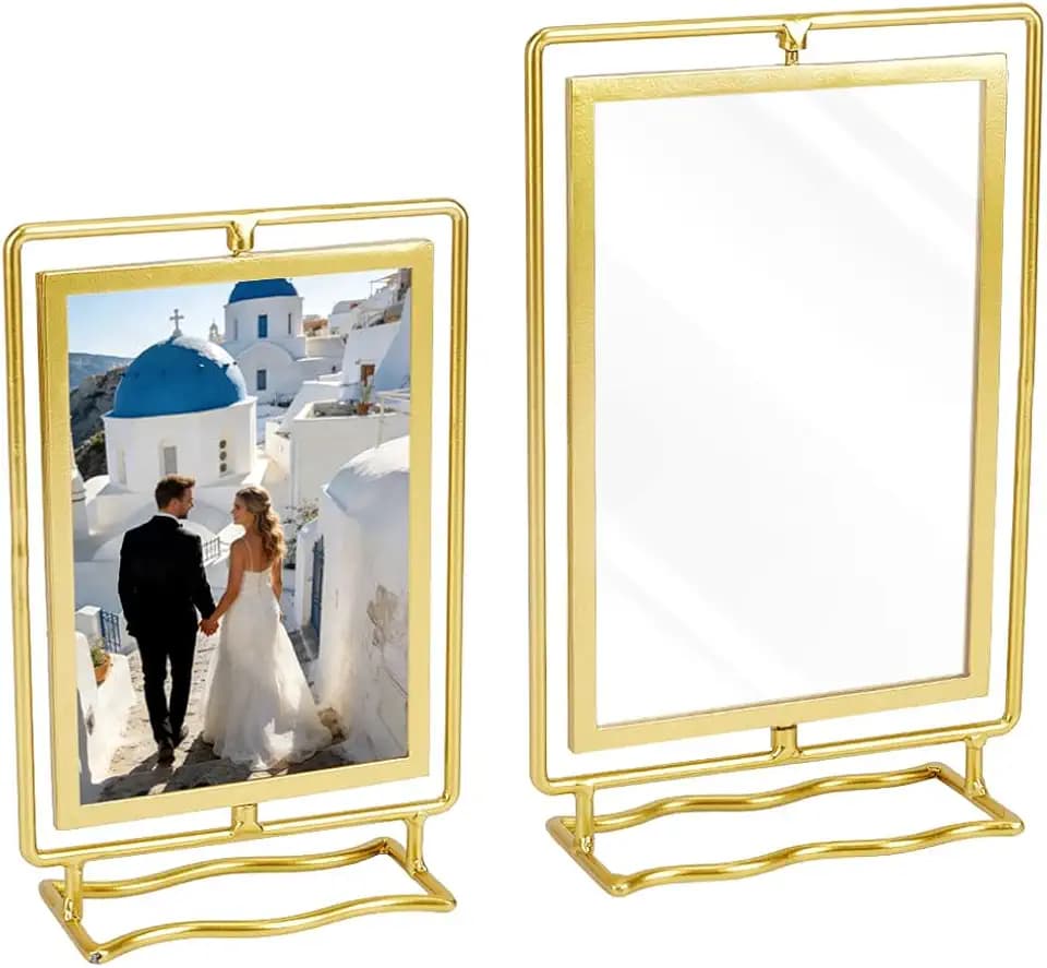 PH PandaHall 2pcs Rotating Photo Frame, Gold Metal Acrylic Picture Frame Double Sided Floating Stand 360° Rotation Photo Display for 4x6in/5x7in Photos Home Office Gift, 2 Sizes