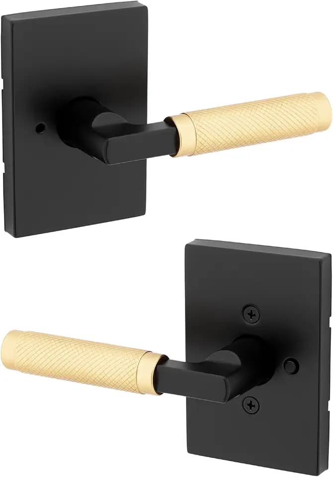 Kwikset Prava Interior Privacy Door Knurled Handle with Lock, Door Lever for Bathroom and Bedroom, Matte Black and Satin Brass, Reversible Keyless Push Button Lock Door Lever