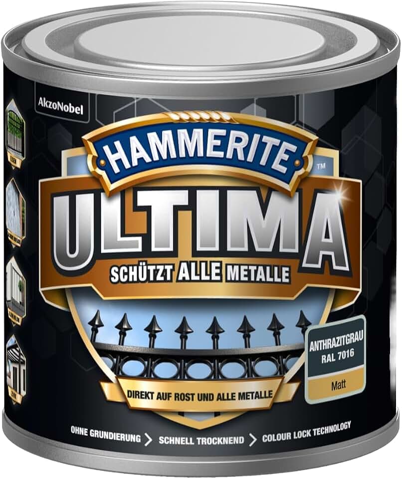 Hammerite Ultima Matt, Metallschutzlack, Hochwertiger Schutzlack für alle Metalle im Außenbereich, Anthrazitgrau RAL7016, 250 ml