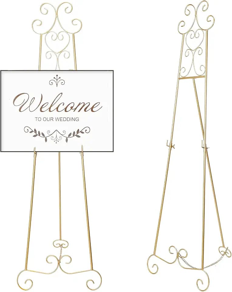GlikCeil 57" Gold Metal Scroll Easel Stand for Wedding Sign Display