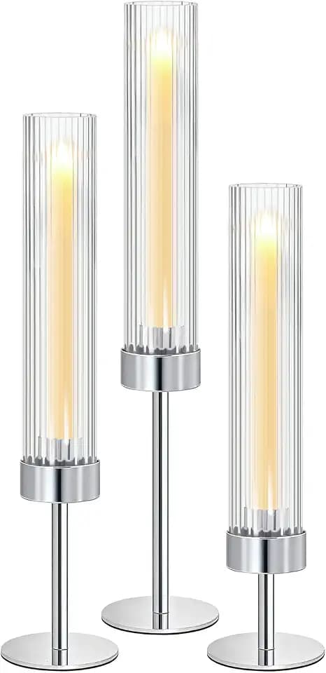 Metal & Acrylic Taper Candle Holders Set of 3 with Ribbed Design - Hurricane Clear Cylinder Candelabra for Wedding, Christmas, Party, Dining Table Centerpiece Decor (Silver, Set of 3)