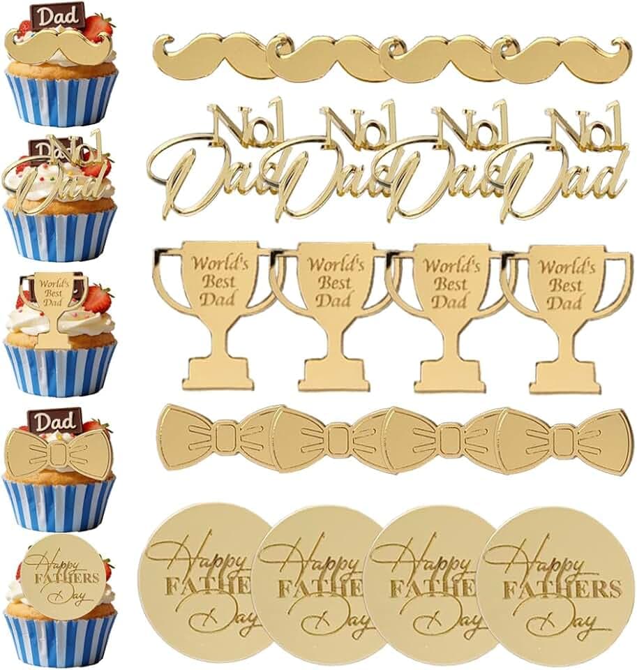 20 Pcs Happy Father’s Day Cupcake Toppers Acrylic Mirror Disc Cake Toppers Gold Engraved Cupcake Decorations Picks for Father’s Day Birthday Party Decoration Supplies, 5 Styles