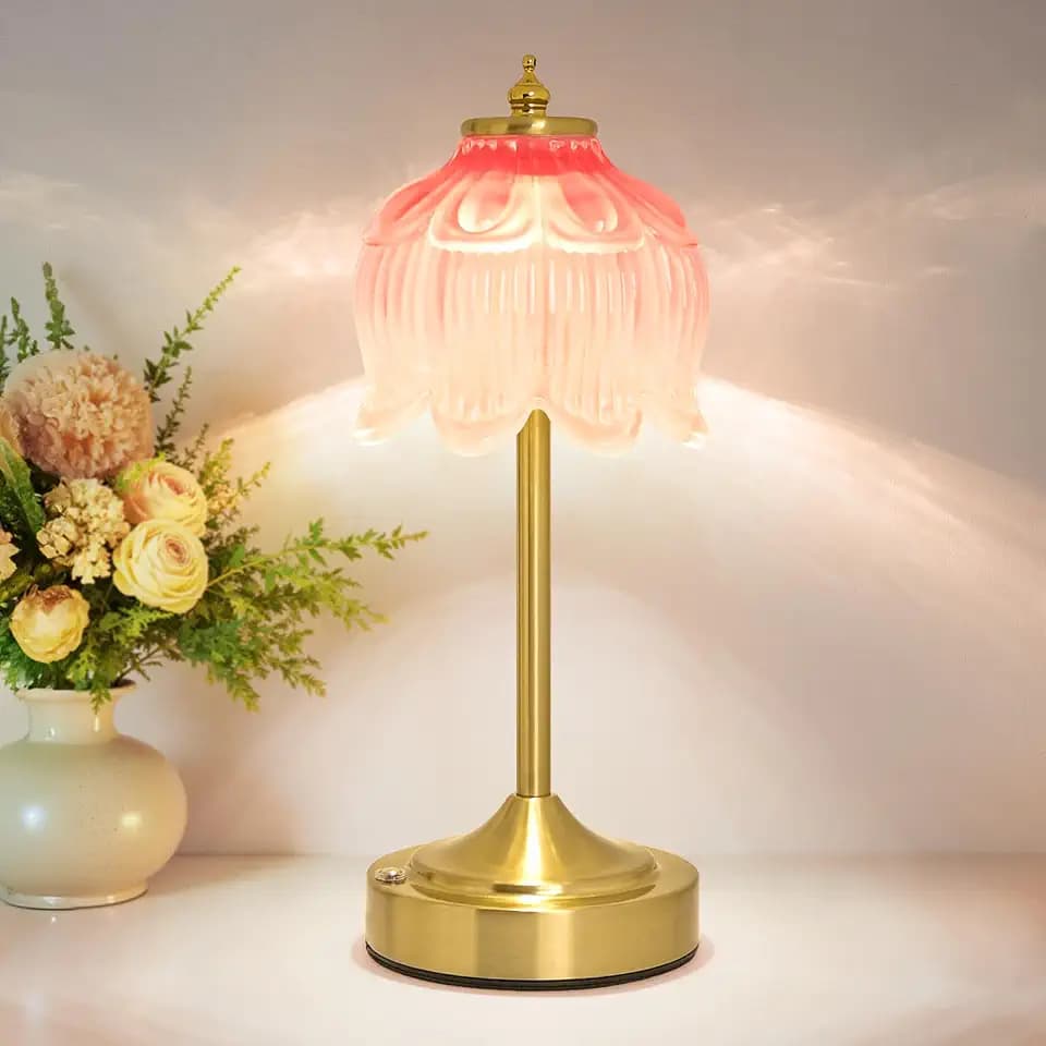 Cordless Table Lamp, Rechargeable Blush Pink Glass Lotus Flower Lamp