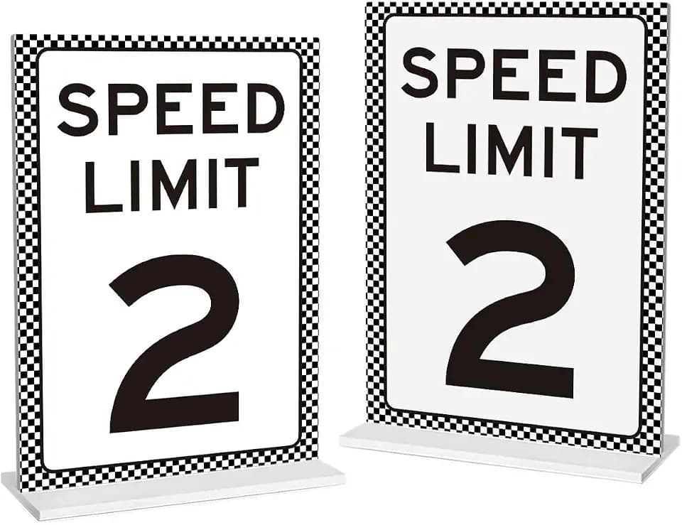 Race Car Birthday Decor, 2PC Speed Limit 2 Sign, Fast One, Race Car Birthday Party Decorations, 5x7 Inches Acrylic Sign With Stand, Let's Go Racing Party Supplies for Boy Race Fans 02