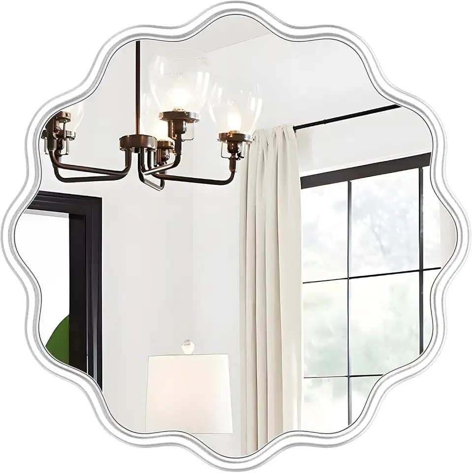 PROHOMEWARE White Wavy Round Wall Mirror 24 Inch, Bathroom Decor