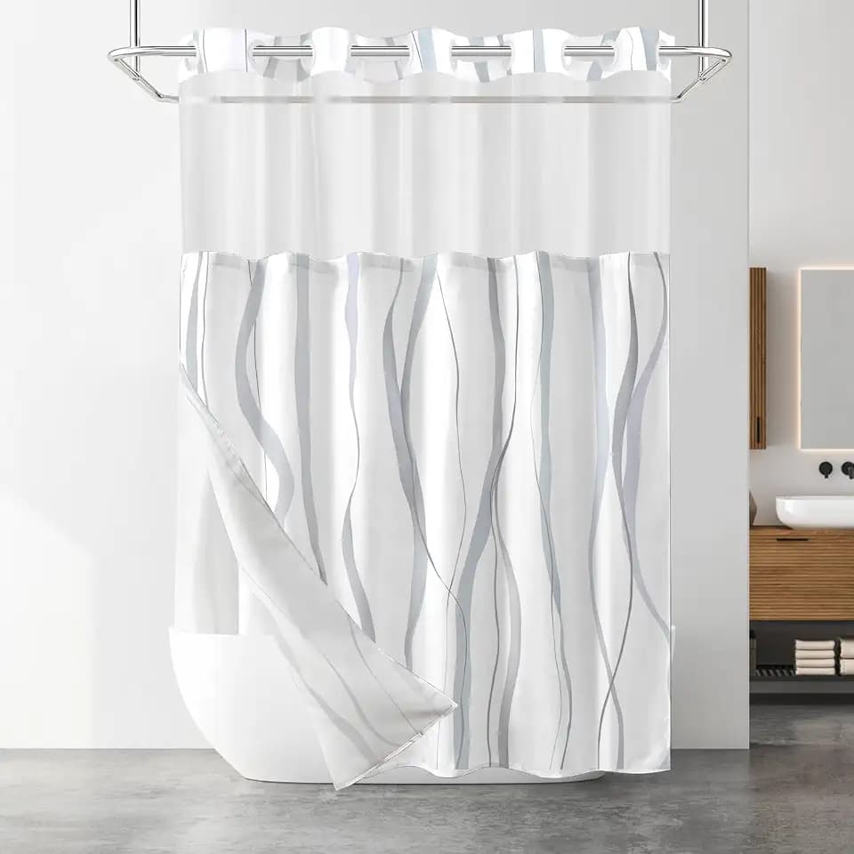 No Hook Shower Curtain and Liner Set, Grey Stripe 71x74 Inch