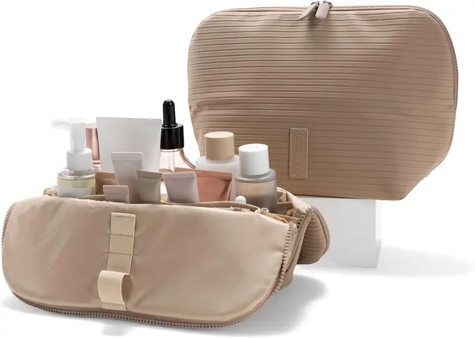 Vertical Waterproof Makeup & Toiletry Bag | 23-Pocket Organizer with Upright, Fold-Down Design for Skincare, Toiletries & Essentials (Sandstone)