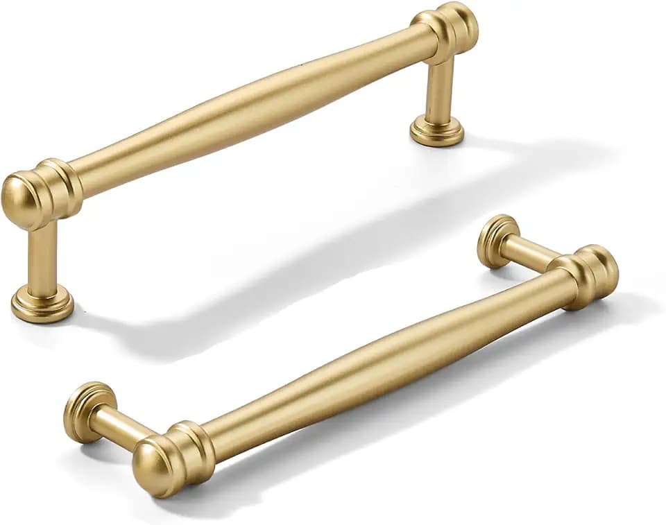 khtumeware 10 Pack 5inch(128mm) Hole Center Brushed Gold Cabinet pulls Matte Gold Solid Heavy-Duty Tradition Kitchen Cabinet Handle Cabinet Hardware for Dressing Table Bathroom Pull