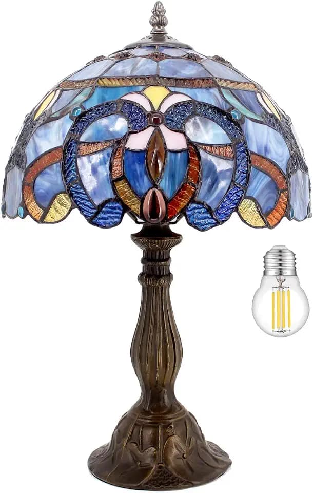 WERFACTORY Tiffany Lamp Blue Purple Stained Glass Style Table Lamp Reading Desk Light 12X12X18 Inches Decor Bedroom Living Room Home Office S558 Series