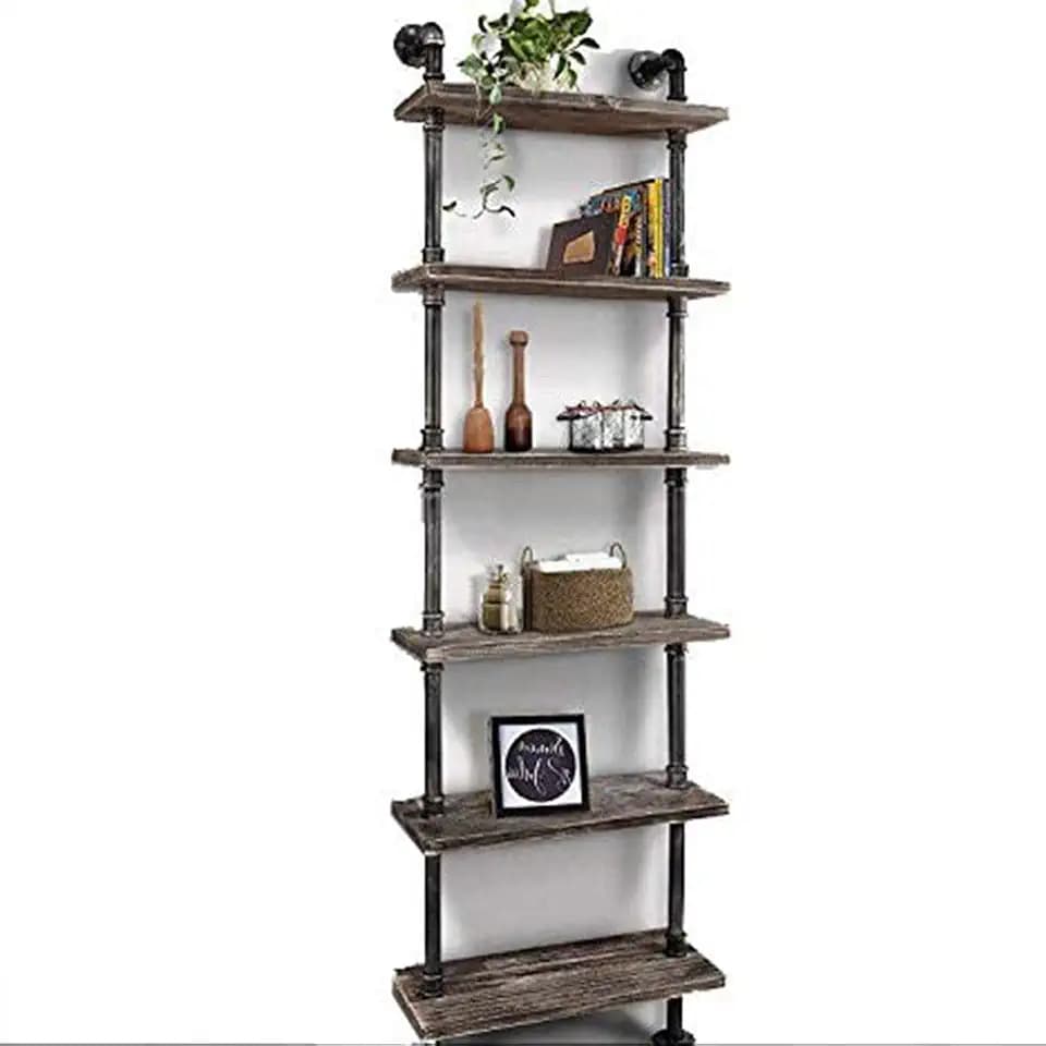 Industrielles Bücherregal, 6 Ebenen, modernes Leiterregal, Holzregal, Ausstellungsregal, Wandmontage, Metallregal, Bücherregal, Vintage Schmiedeeisen