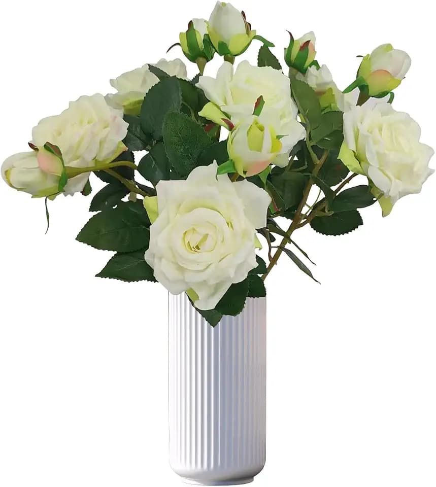 ATFL Ivory White Flowers, Ivory Roses,6 Pcs Faux Silk Real Touch Moisturizing Artificial Rose Flowers for Decoration DIY, Wedding Party, Home Office Decoration and Dining Table Centerpiece (6, White)