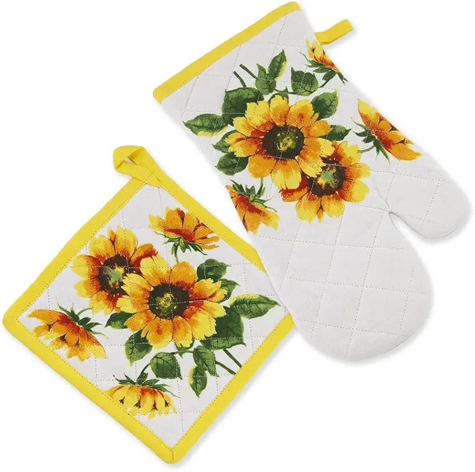 Boston International Cotton Oven Mitt and Pot Holder, Set of 2, 8 x 13-Inches and 7.5 x 7.5-Inches, Colourful Sunflowers