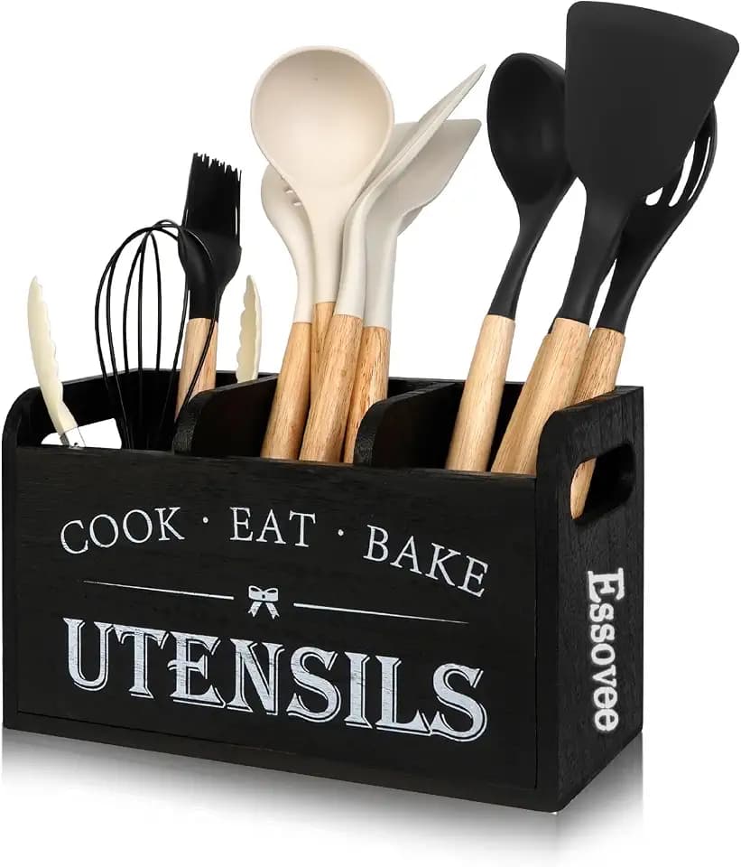 Farmhouse Cooking Utensils Organizer - Kitchen Utensil Holder Black Rustic Solid Wood Countertop Utensil Holder, 3 Compartment Spoon Holder for Kitchen Decor