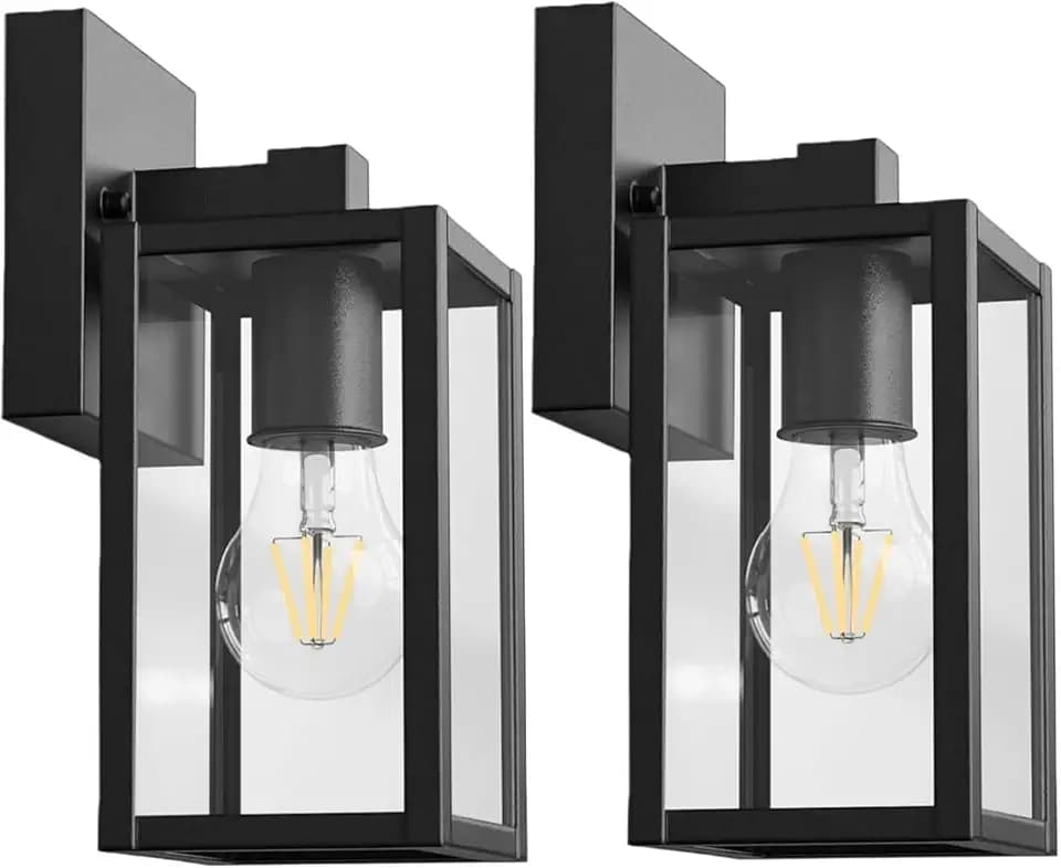 2 Pack Outdoor Wall Lights Fixtures, Exterior Waterproof Wall Lanterns, Porch Sconces Wall Mounted Lighting with E26 Sockets & Glass Shades, Modern Matte Outside Lights for House Front Door