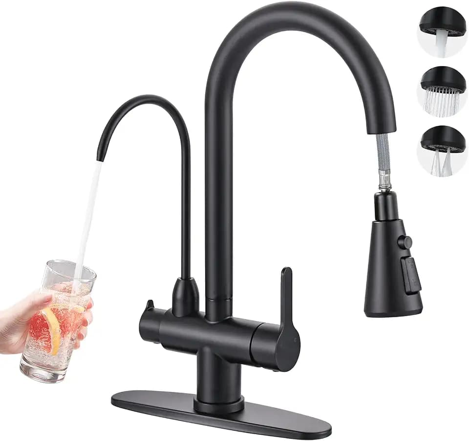 Kitchen Faucet with Water Filter Faucet, Black Stainless Steel Drinking Water Faucet, High Arc 2 Handle Kitchen Sink Faucet with Pull Down Sprayer for Kitchen Sink Farmhouse Bar