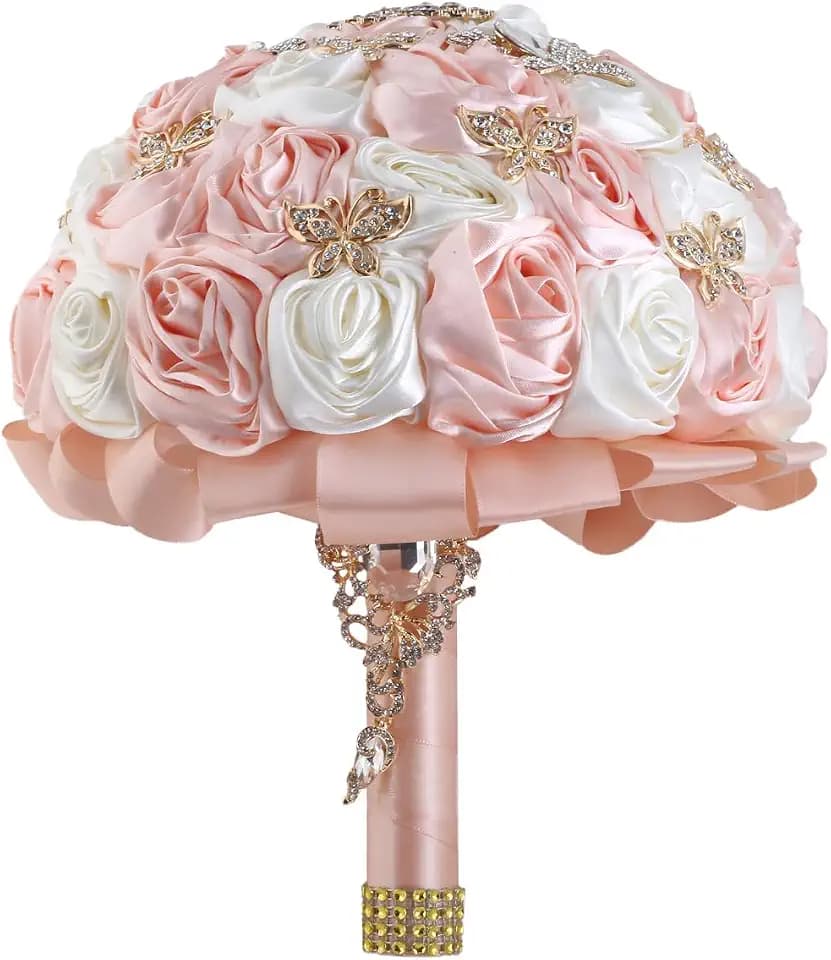 Handmade Wedding Flowers Bouquet Round Holding Bridal Bouquet Toss Artificial Rose Bunch for Bride Bridesmaid Wedding Quinceanera (Light Salmon & Ivory, 8.7")