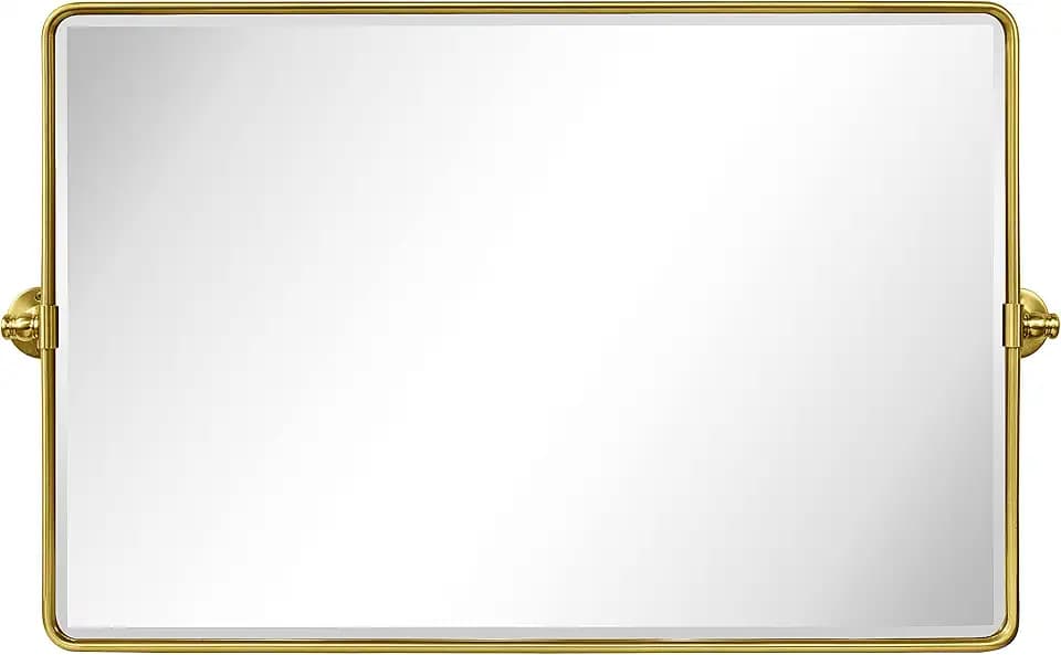 TEHOME Horizontal Pivot Bathroom Mirror Tilting Gold Metal Framed Pivot Rectangle Rounded Rectangluar Vanity Mirrors for Wall, Overall 38.91 x 23 inches (Mirrror 35 x 23 inches)
