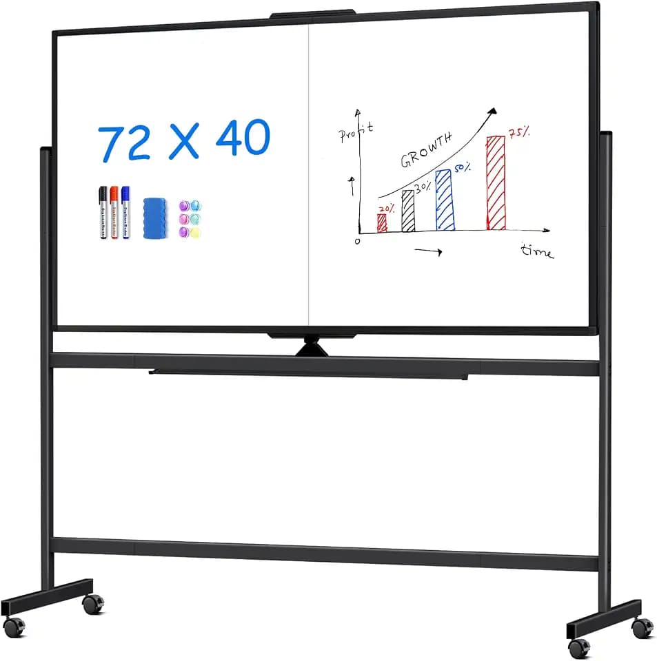 Maxtek Rolling Whiteboard 72x40 Large Magnetic White Board on Wheels Black