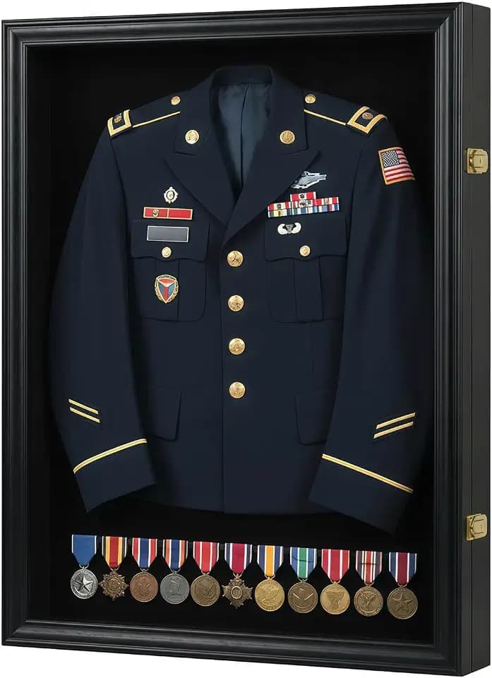 Military Uniform Shadow Box, Lockable Wall Mount Extra Large Uniform Display Case with UV Protection Acrylic for Veterans, Police, Jerseys & Medals, Black Uniform Display Case Black
