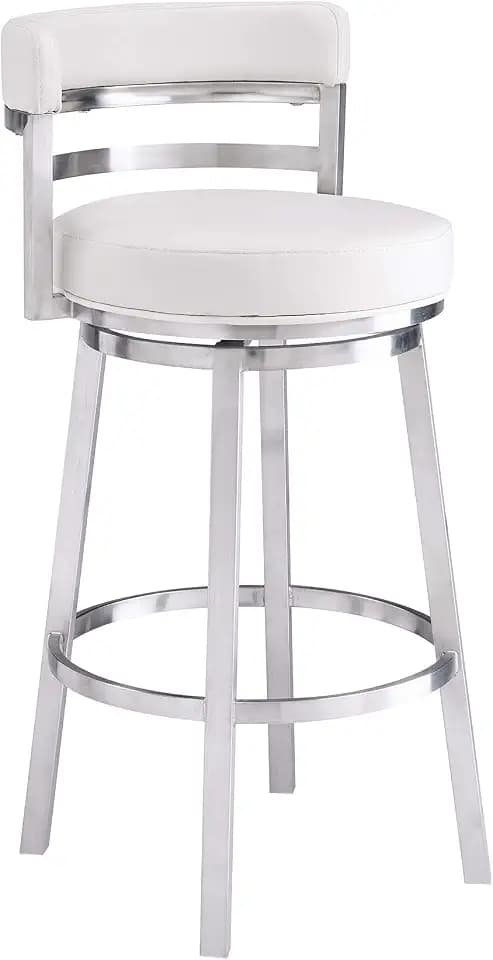 Armen Living Madrid 26" Counter Height Swivel Modern White Faux Leather and Brushed Stainless Steel Bar Stool